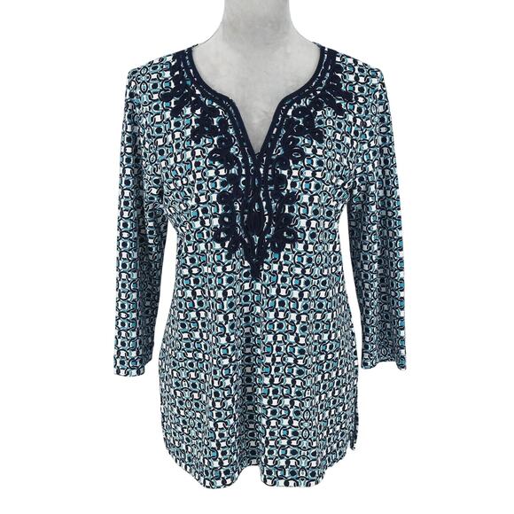 Pappagallo Tops - Pappagallo Top Womens Small Blue White Trimmed Neck Tunic Blouse Stretch Knit